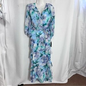 Maison Tara Blue and Green ruffle Floral Maxi Dress size 14W